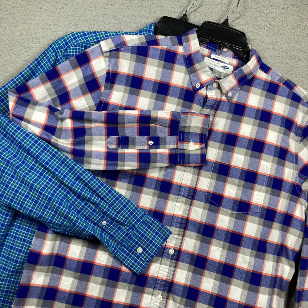 Old‎ Navy Oxford Shirts Mens XL 2 Pk Bundle Blue Plaid Check Slim Fit Stretch